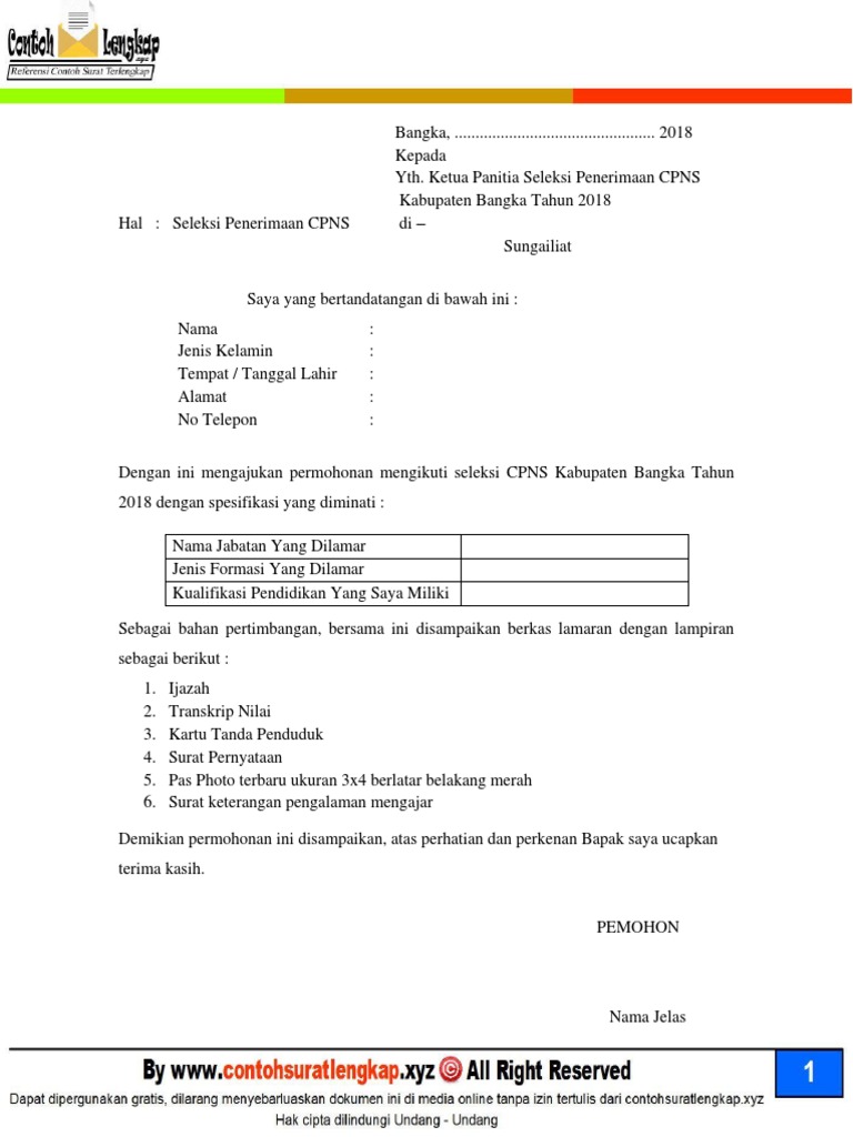 Kumpulan Surat Lamaran Kerja CPNS 2018