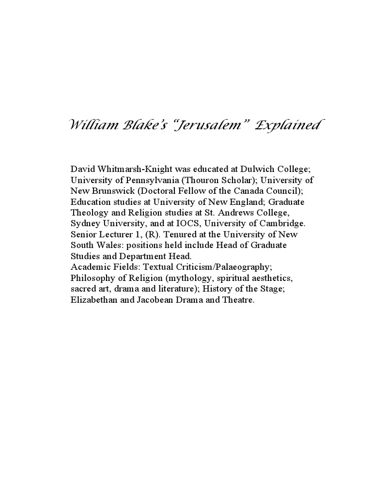 Jerusalem Explained Intro Chap 1 William Blake Trinity Free 30