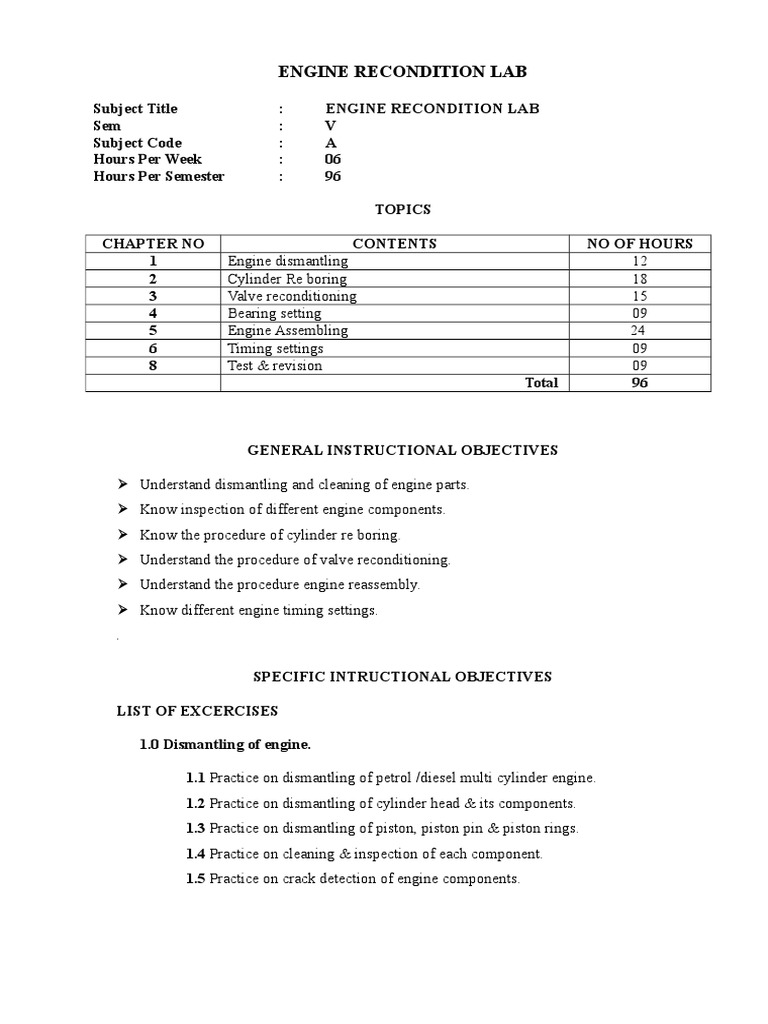 Engine Recondition Lab | PDF | Cylinder (Engine) | Piston