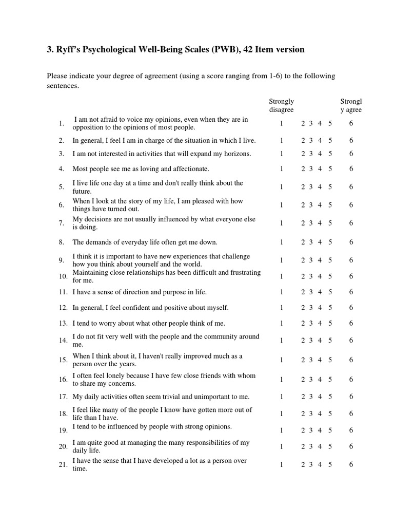 Ryff's Psychological WellBeing Scales (PWB), 42 Item Version PDF