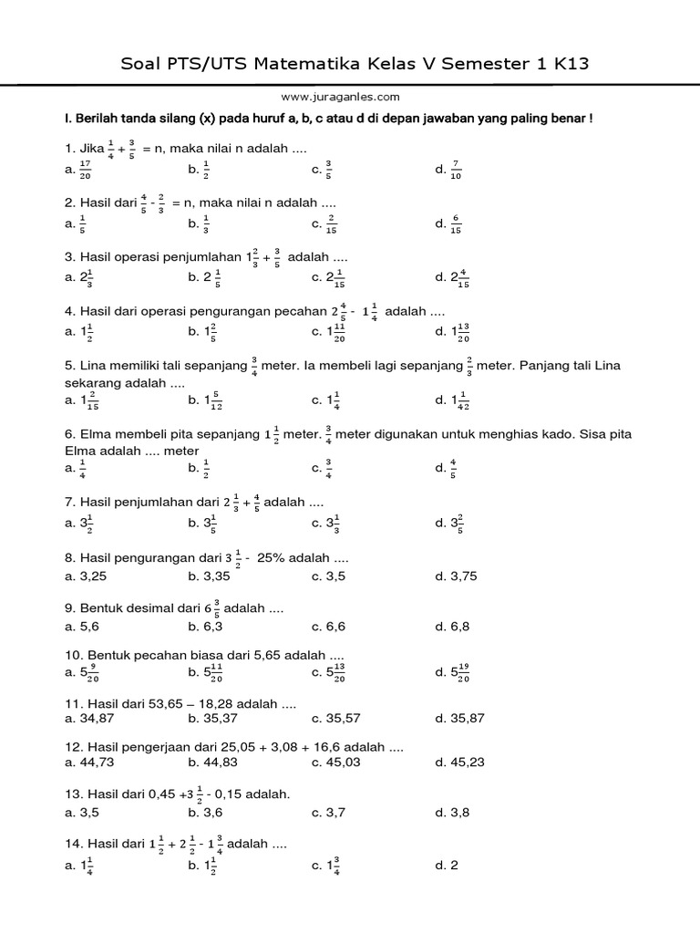 Soal PTS (UTS) Matematika Kelas 5 Semester 1 K13 Terbaru