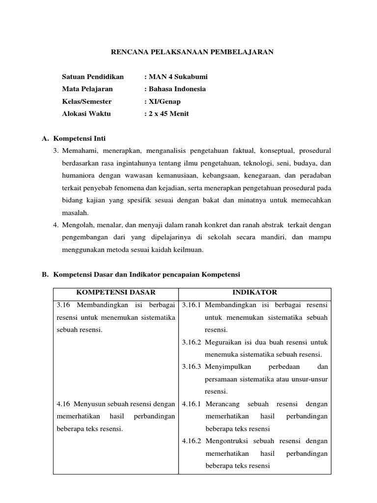 Rpp Resensi Kelas 11 Rahmah Docx