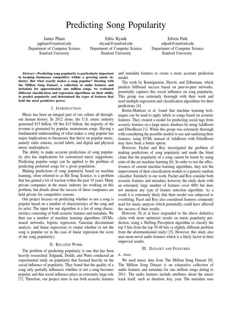 Million Song Dataset for Popularity Prediction | PDF | Support Vector ...