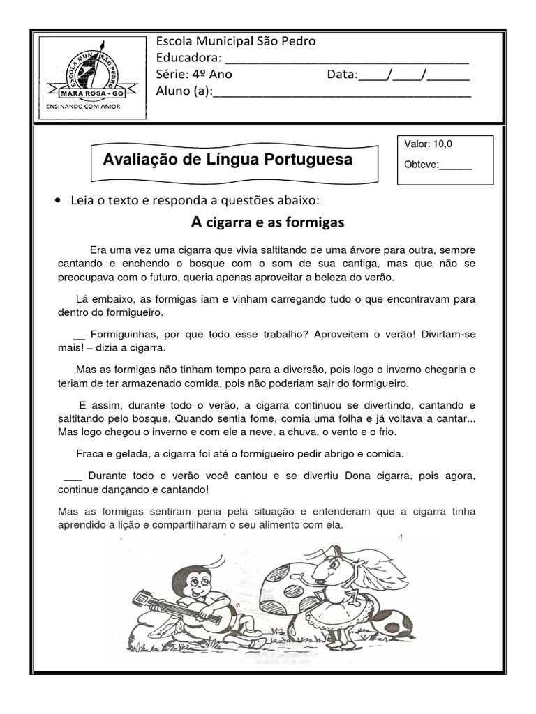 Prova de Português 4 Ano | PDF | Formiga | Lazer