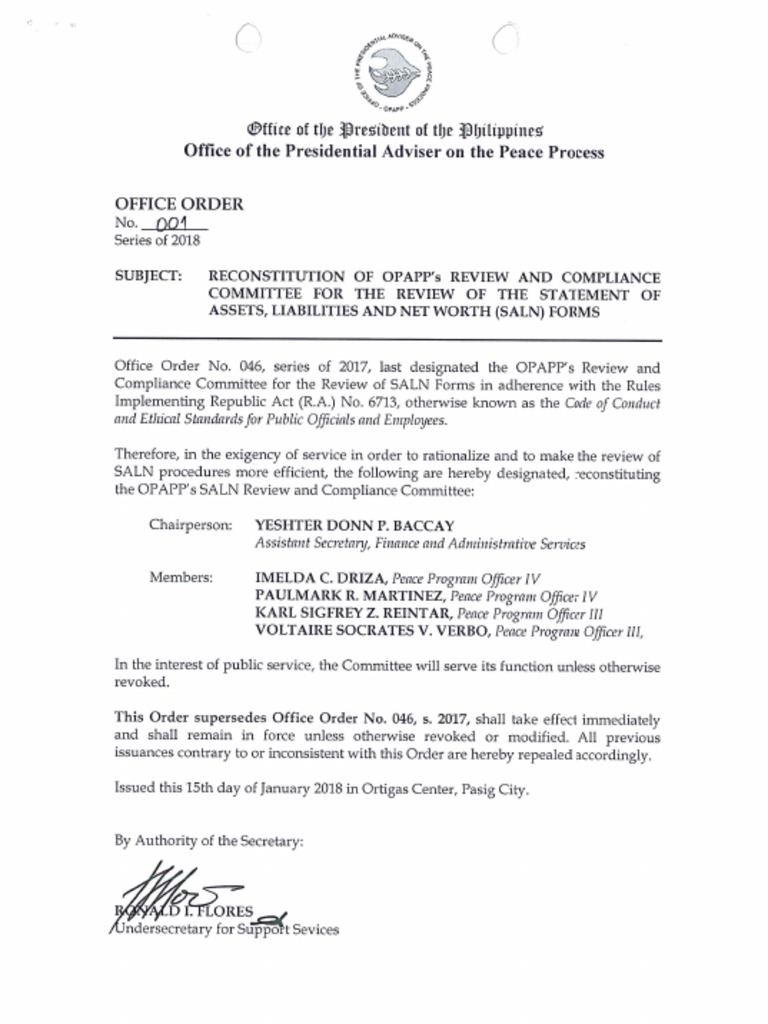 Office Order - Reconstituted SALN Review and Compliance Committee (2018 ...