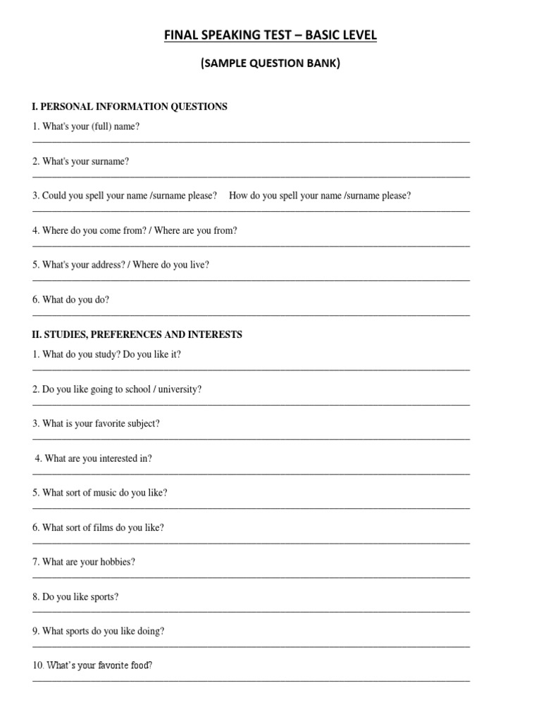 Basic Level Speaking Test Questions | PDF
