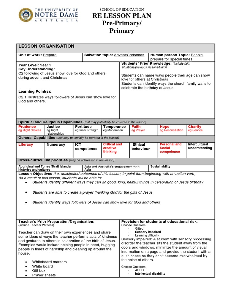 Re Lesson Plan Pre-Primary/ Primary | PDF | Christmas | Teachers