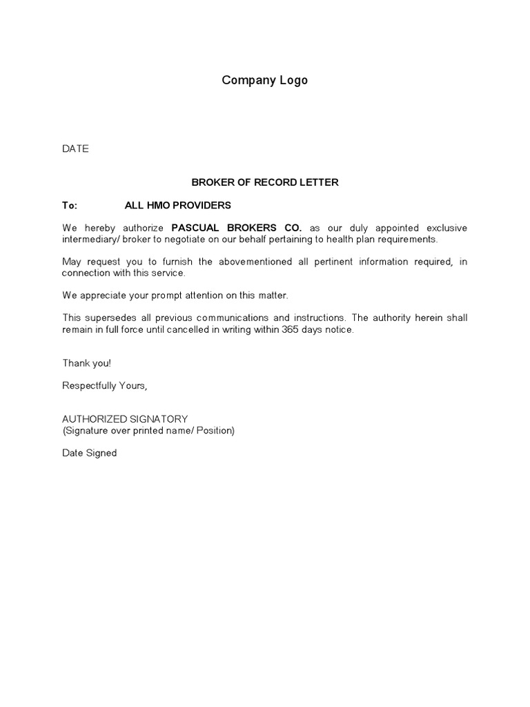 Broker of Record Authorization Letter | PDF