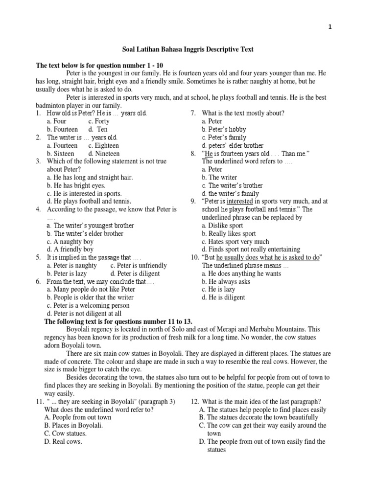 Soal Latihan Bahasa Inggris Descriptive Text | PDF | Shoe