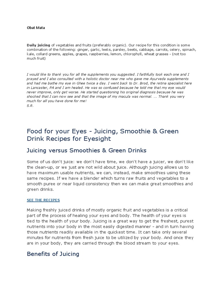 Food For Your Eyes Juicing, Smoothie & Green Drink Recipes For