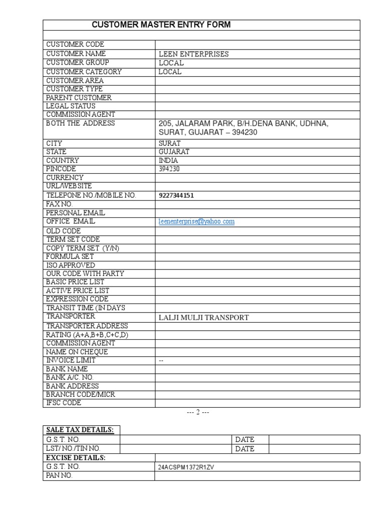 Customer Master Entry Form - Leen Enterprise | PDF