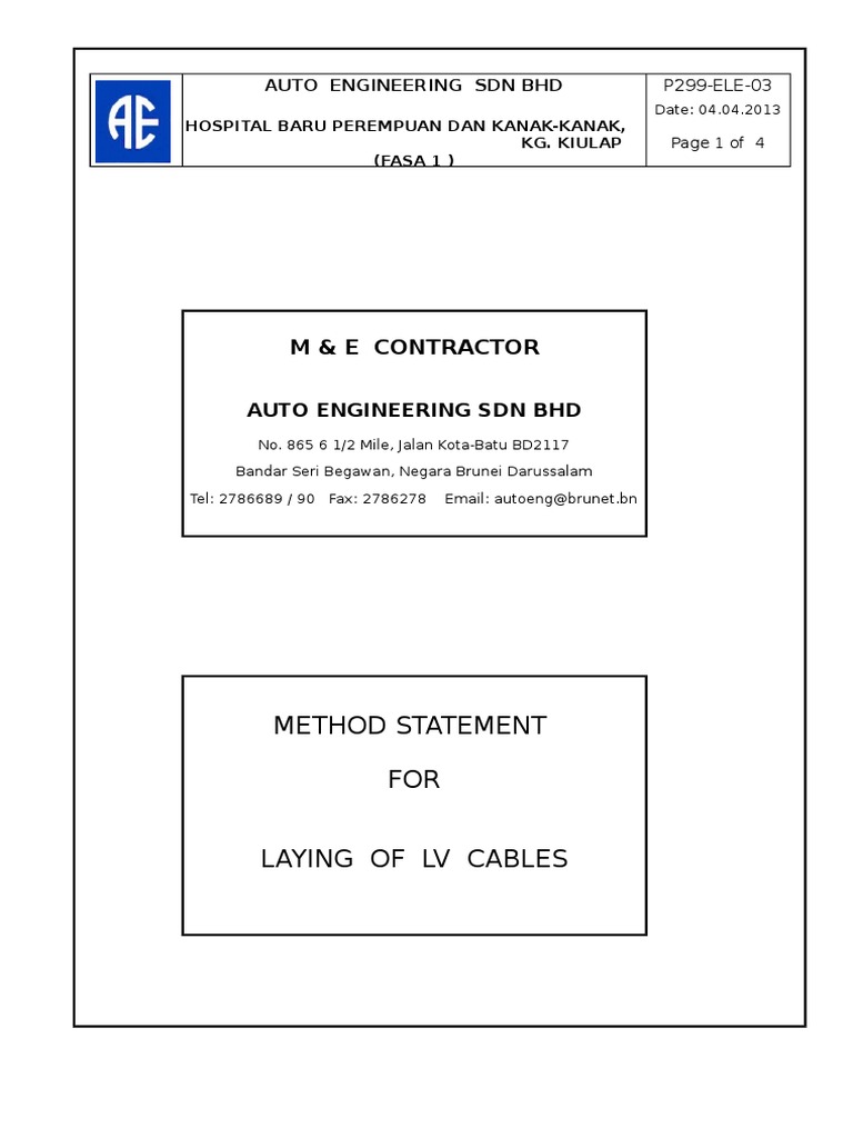 Method Statement FOR Laying Of Lv Cables M & E Contractor Building