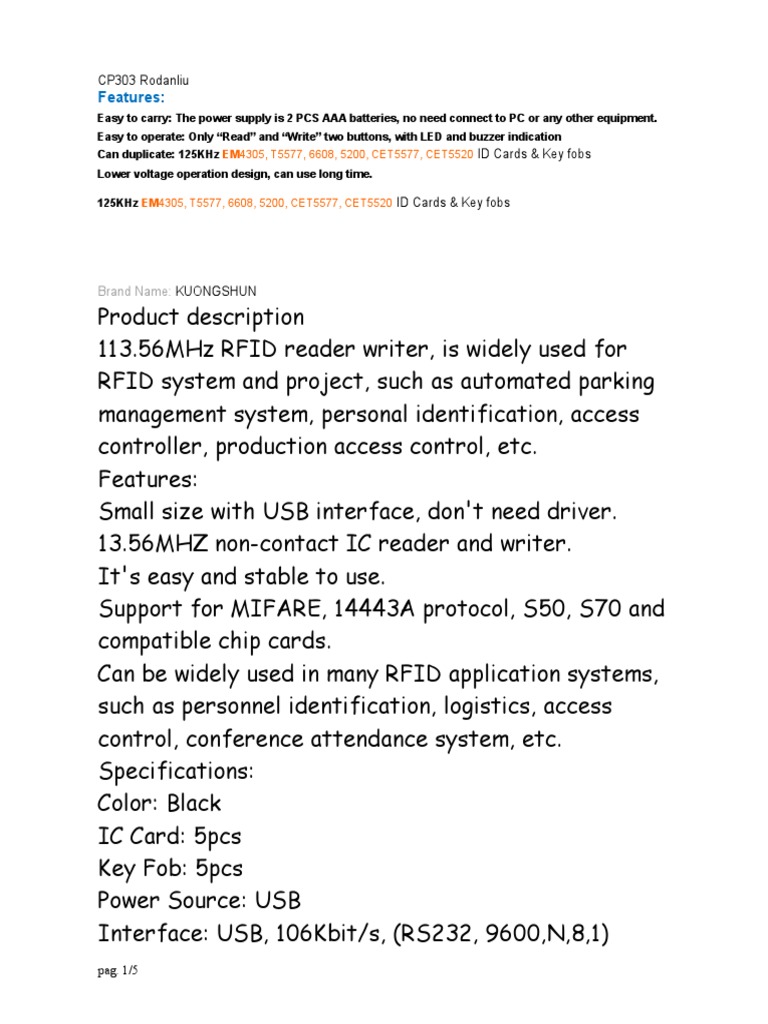 Portable 125kHz RFID Card and Key Fob Duplicator with USB Interface | PDF