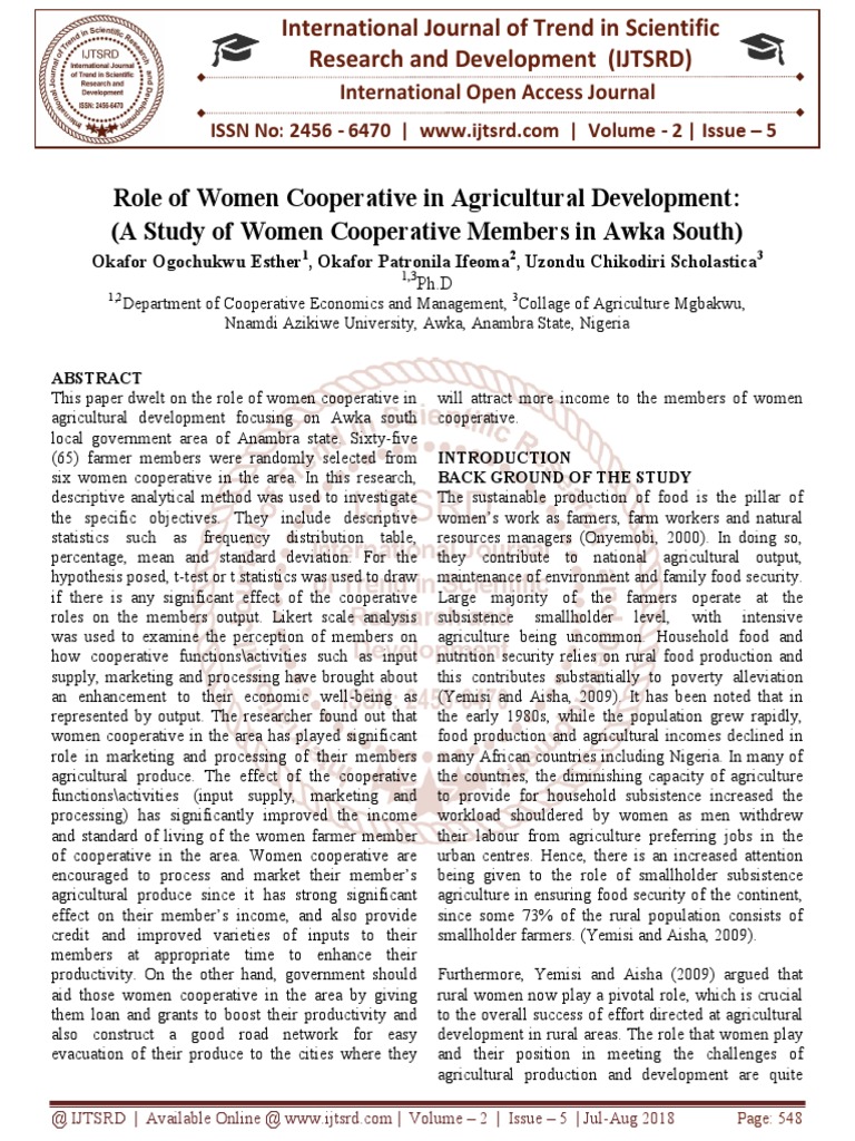 Role of Women Cooperative in Agricultural Development: (A Study of ...
