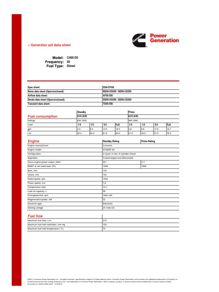 Generator Set Data Sheet Model Frequency Fuel Type PDF Diesel