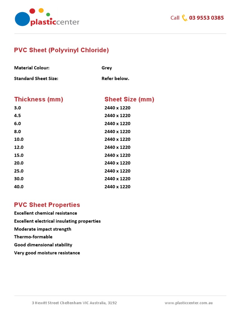 PVC Sheets: Sizes & Properties Guide | PDF