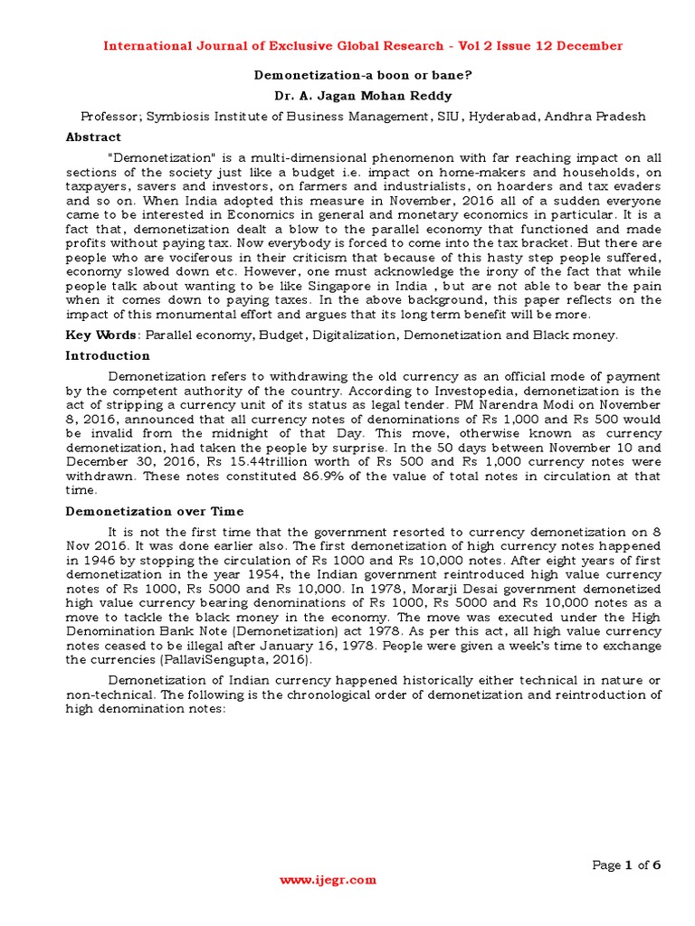 Demonetization-A Boon or Bane | PDF | Legal Tender | Indian Black Money