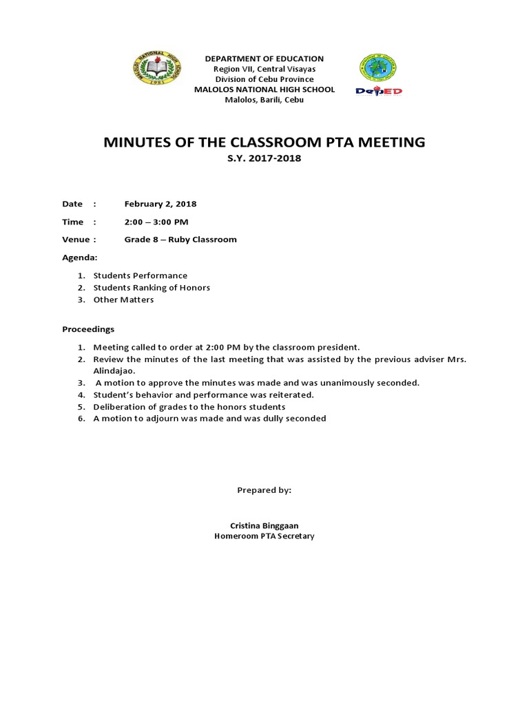 Homeroom PTA Meeting Minutes Sample | PDF