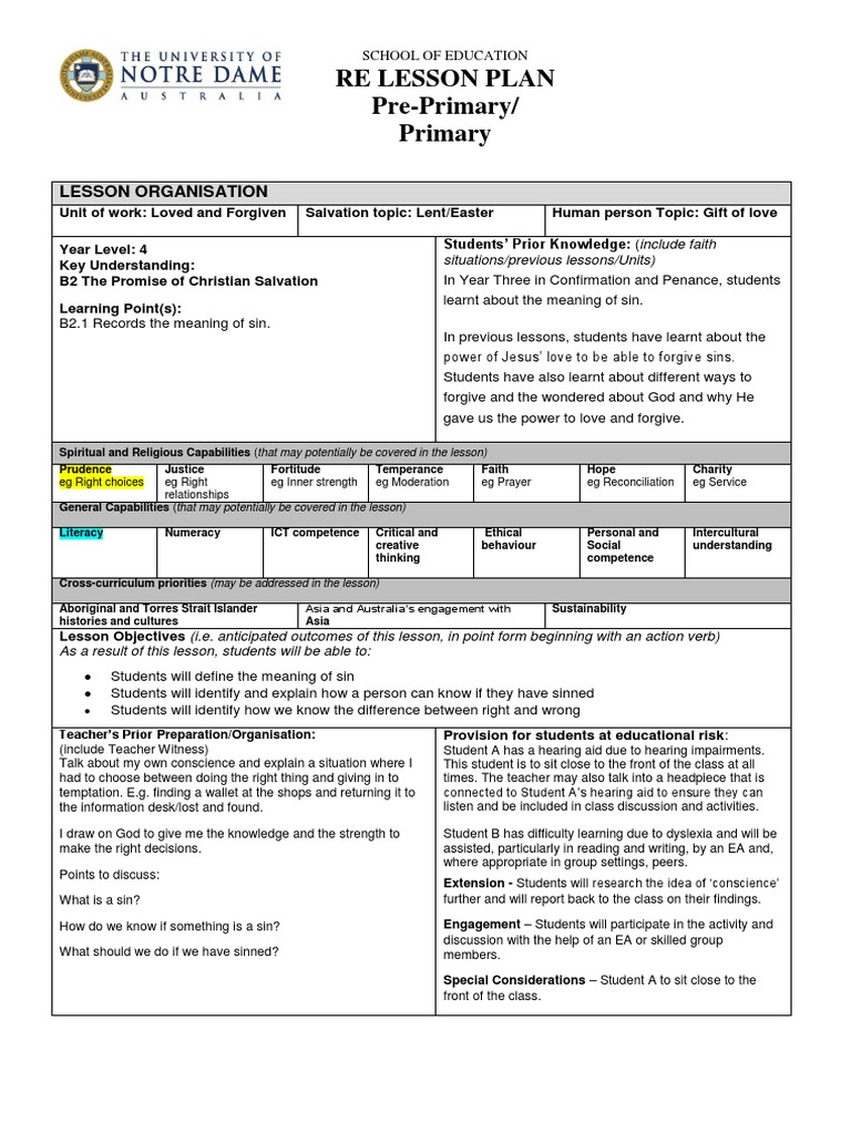 Re Lesson Plan Pre-Primary/ Primary | PDF | Forgiveness | Sin