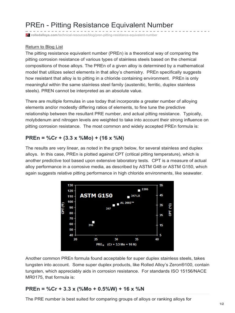 PREn - Pitting Resistance Equivalent Number | Download Free PDF ...