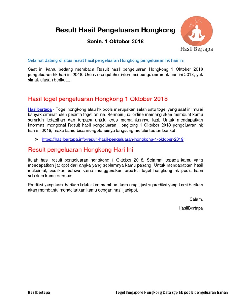 Togel Onlin Hk Hari Ini
, Result Hasil Pengeluaran Hongkong 1 Oktober 2018 Pengeluaran Hk Hari Ini 2018 Hasilbertapa