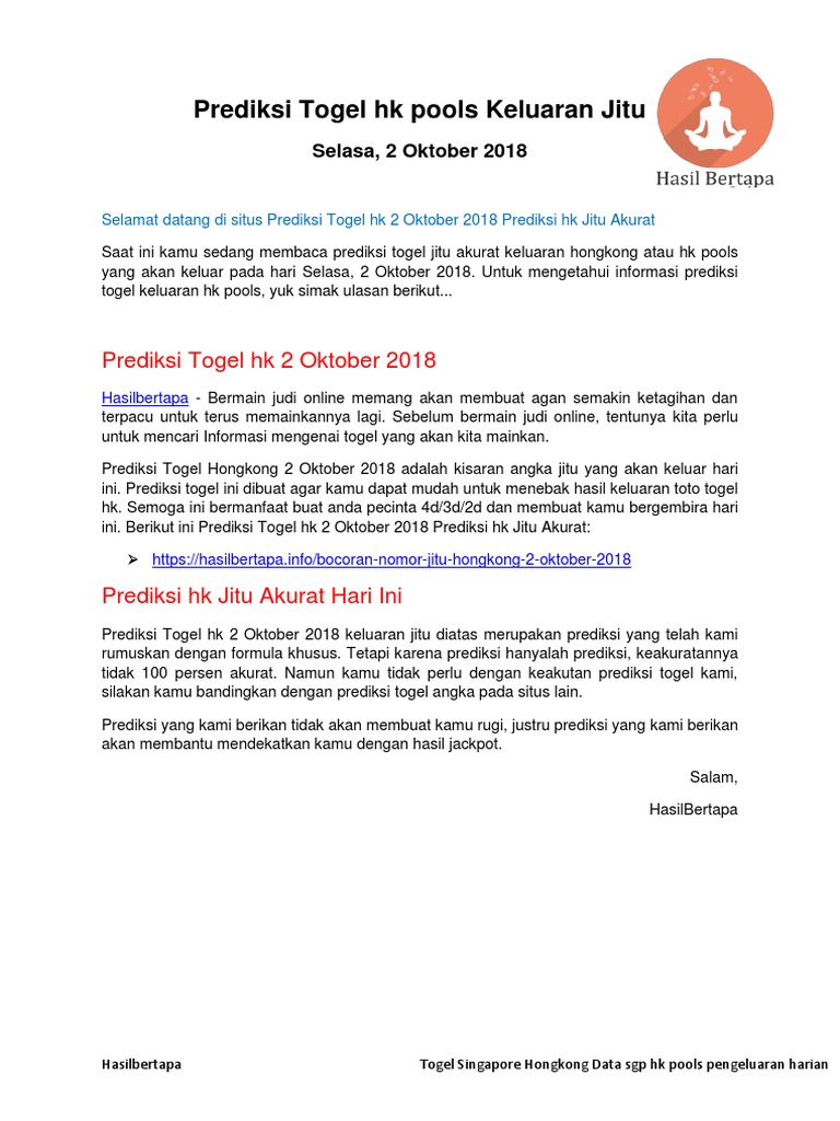 Prediksi Togel Hk 2 Oktober 2018 Prediksi Hk Jitu Akurat Hasilbertapa Pdf