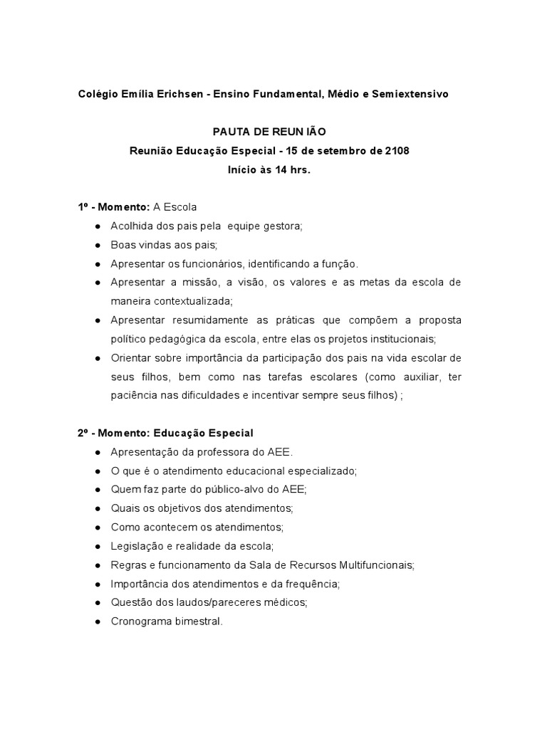 Pauta Reunião AEE PDF | PDF | Educação Especial | Escolas