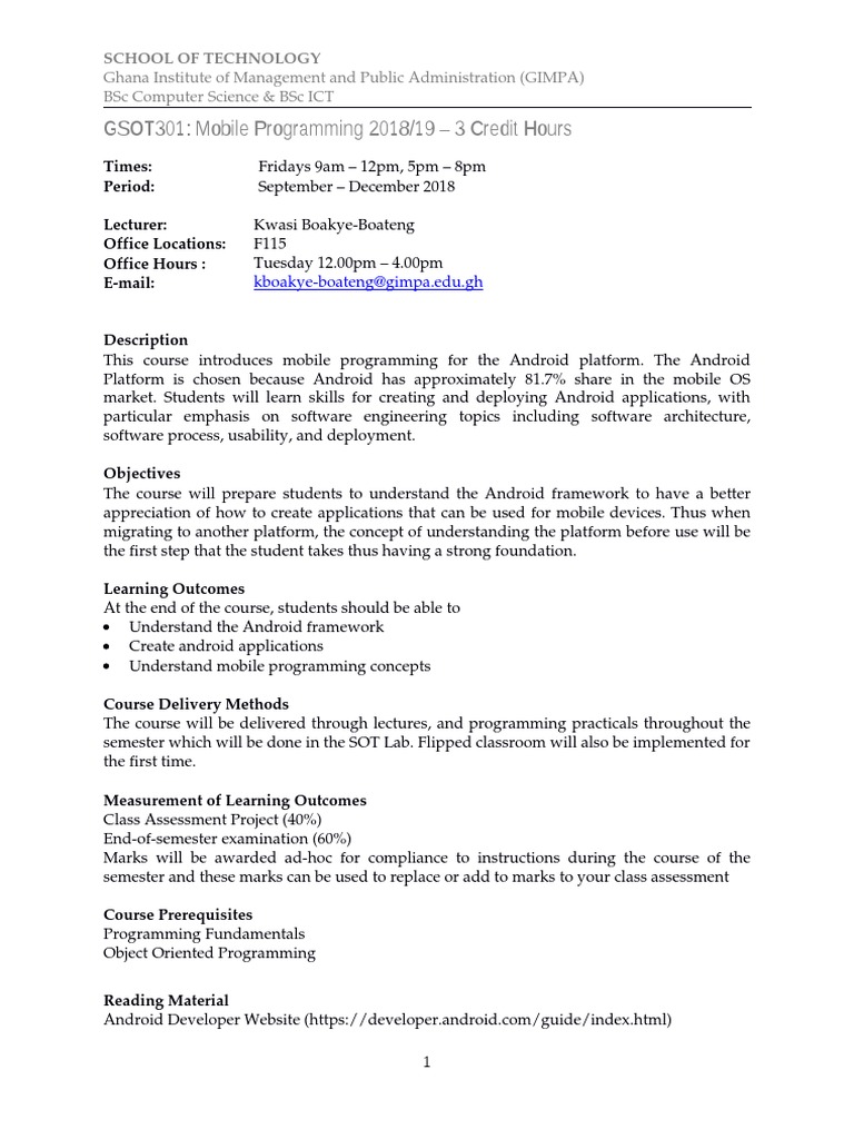 Mobile Programming Syllabus 2018-2019 | PDF | Android (Operating System ...