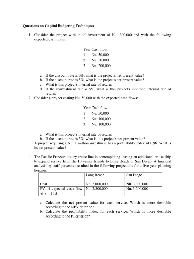 Practice Question On Capital Budgeting Pdf Net Present Value