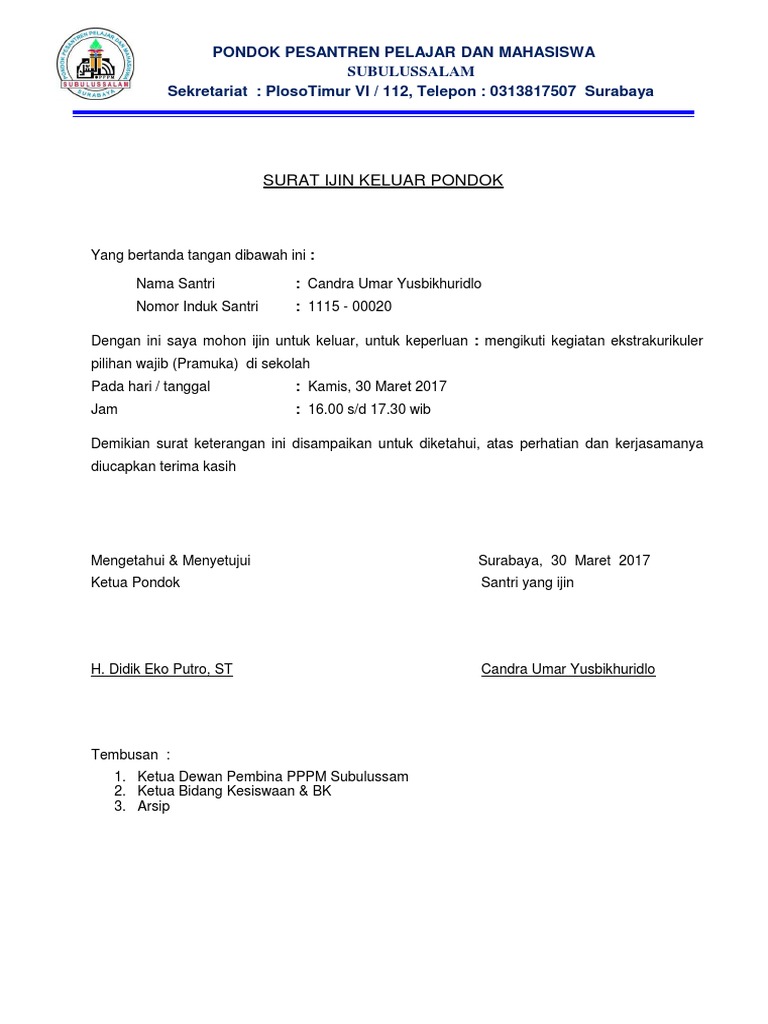 Surat Ijin Keluar Pondok