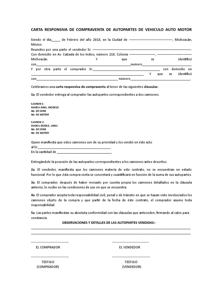 Carta Responsiva De Compraventa De Autopartes De Vehiculo Auto Motor