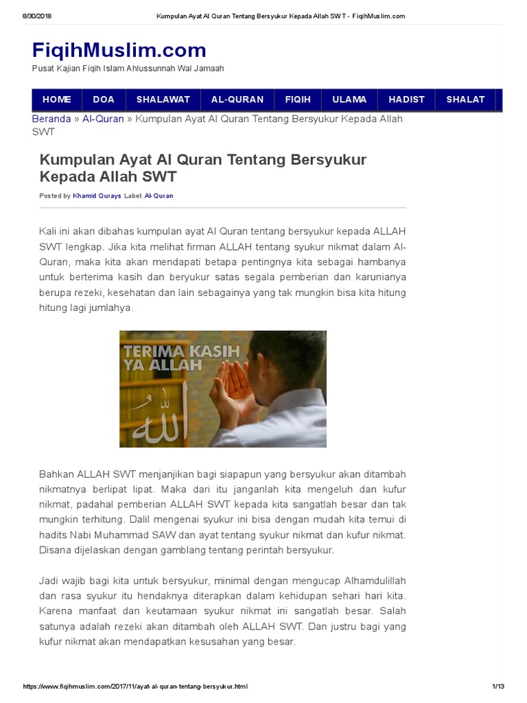 Kumpulan Ayat Al Quran Tentang Bersyukur Kepada Allah SWT 