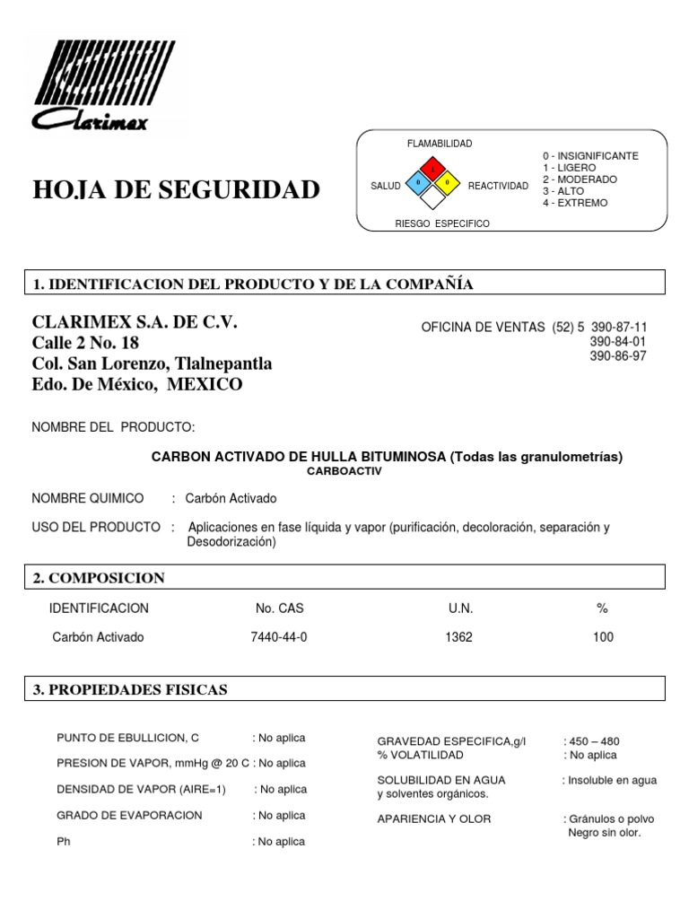 Hoja de Seguridad Del Carbon Activado