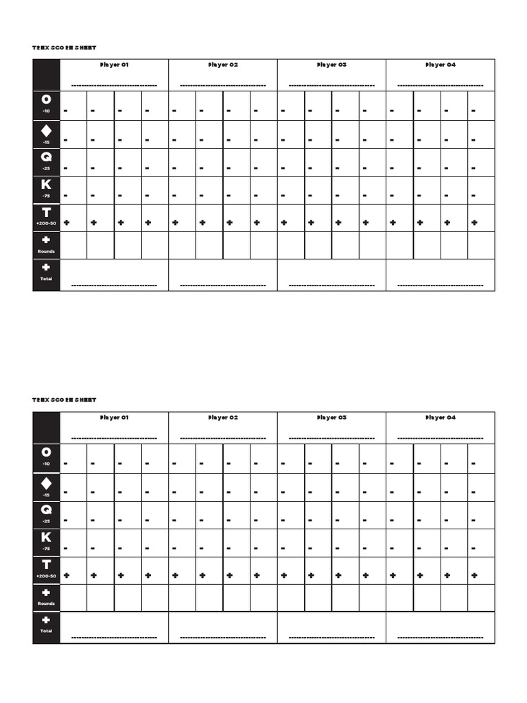 Trex Scoresheet PDF Card Games Trick Taking Games