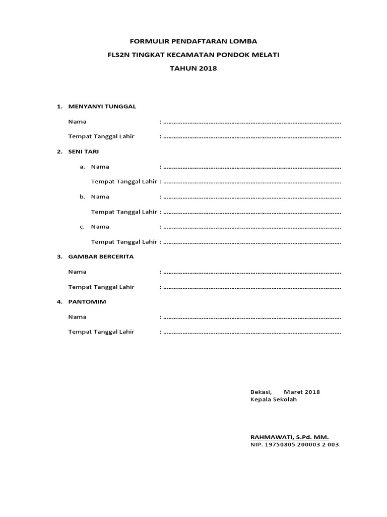 Formulir Pendaftaran Lomba Pdf