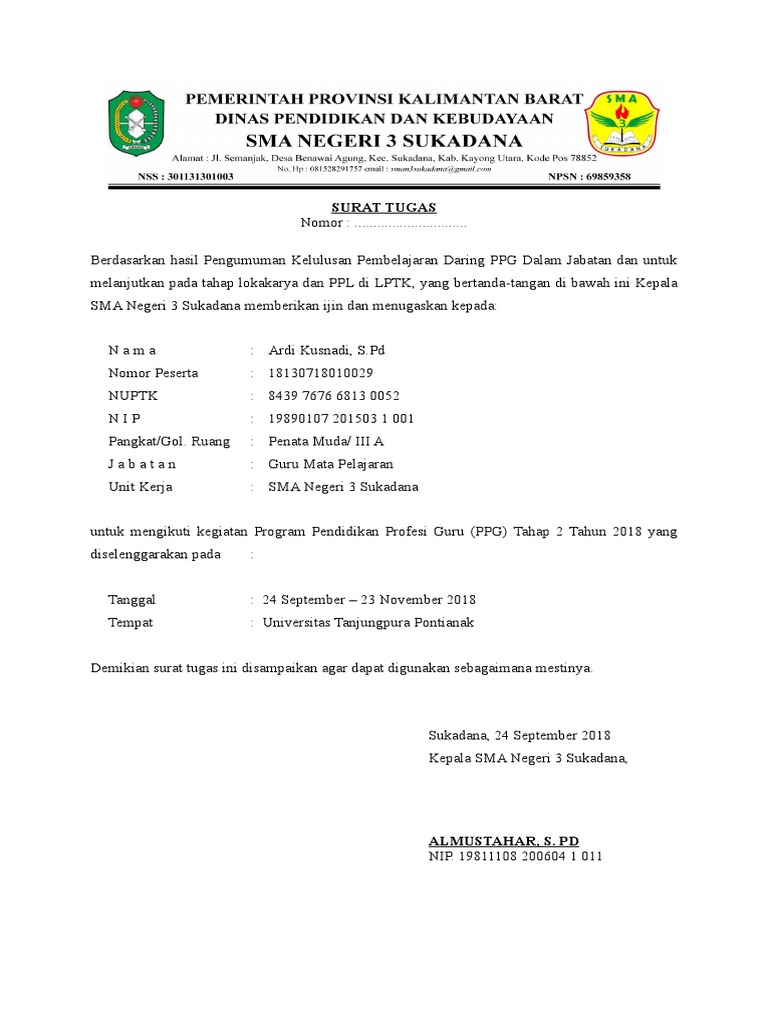 Contoh Surat Tugas Guru Nusagates