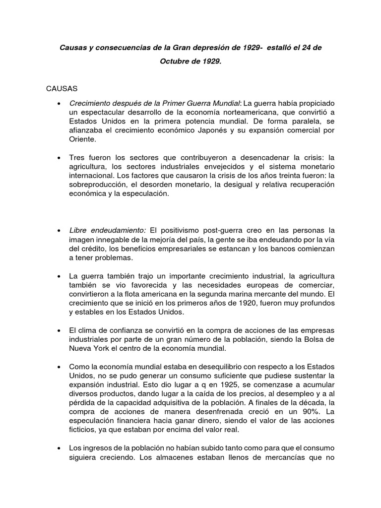 Causas y consecuencias de la Gran Depresión | PDF | Gran depresion ...