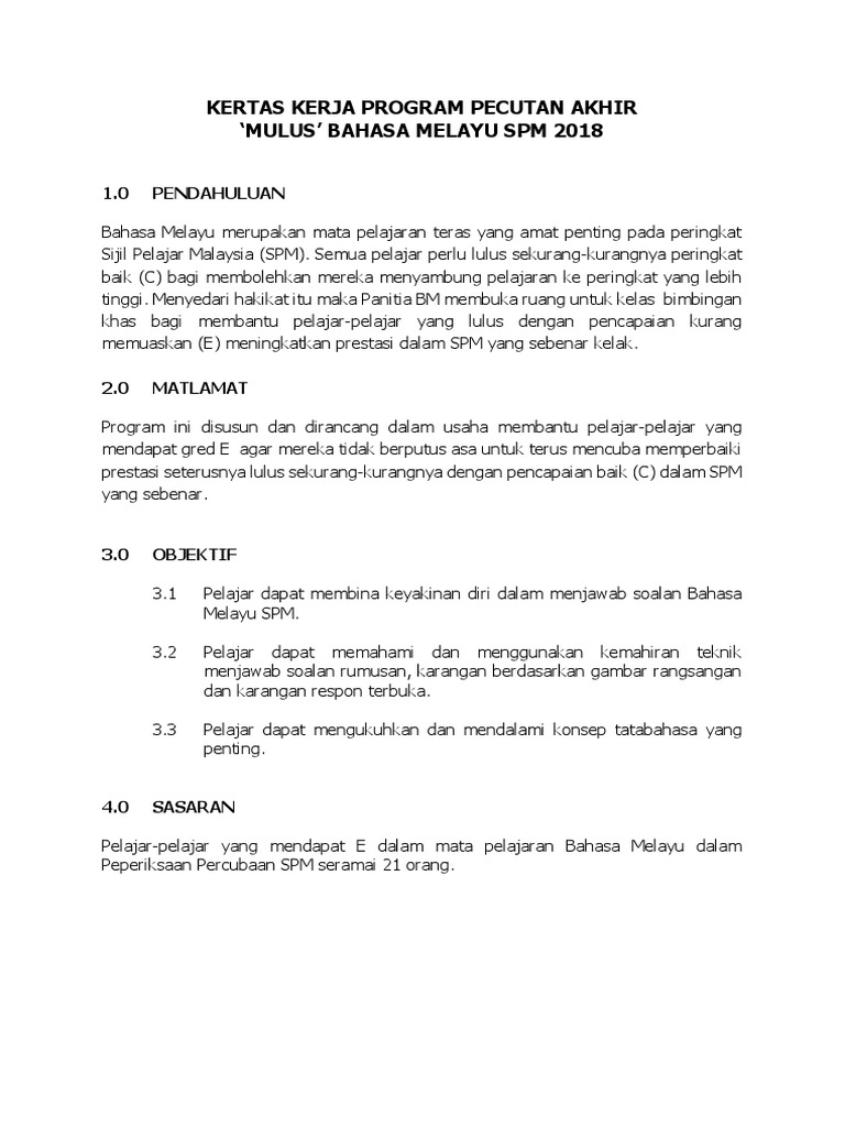 Kertas Kerja Program Pecutan Akhir Mulus Pdf