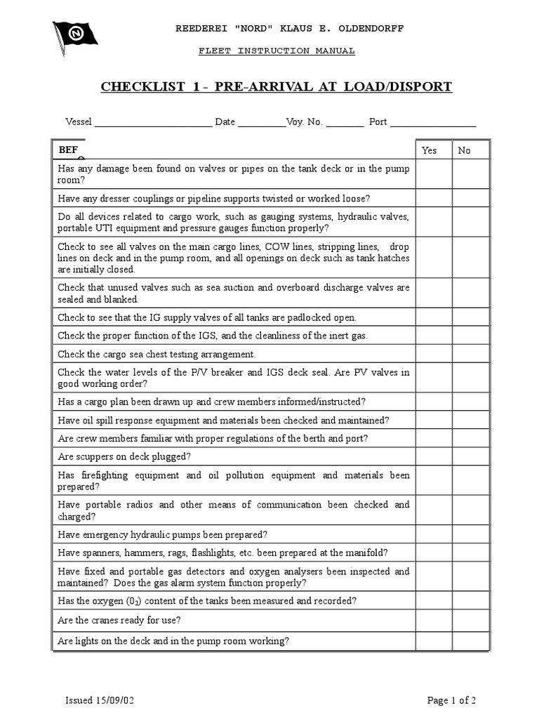 Pre Arrival at Load-Disport Checklist (Tanker) | PDF | Valve | Pipeline ...