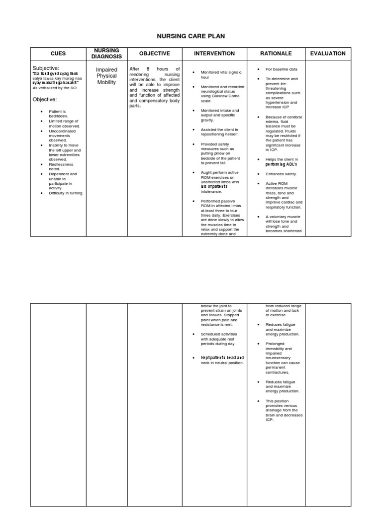 Nursing Care Plan: Cues Nursing Diagnosis Objective Intervention ...