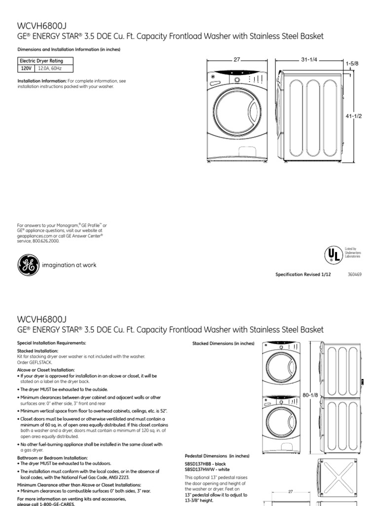 Wcvh6800J Ge Energy Star 3.5 Doe Cu. Ft. Capacity Frontload Washer