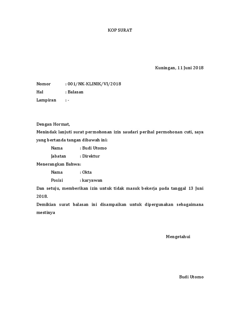 Contoh Surat Balasan Cuti