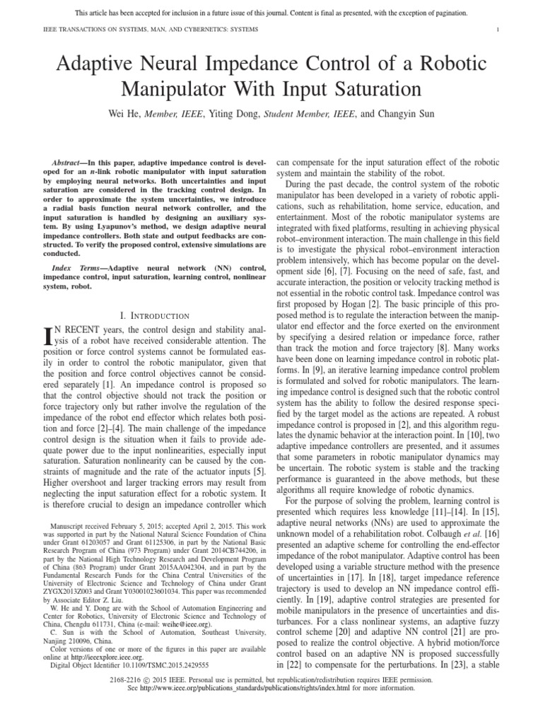 Adaptive Neural Impedance Control of A Robotic Manipulator With Input ...