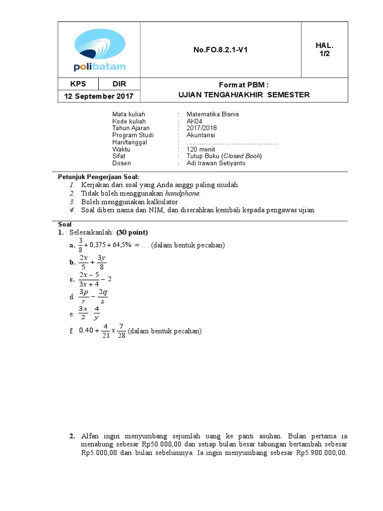 Latihan Soal Uts Matematika Bisnis