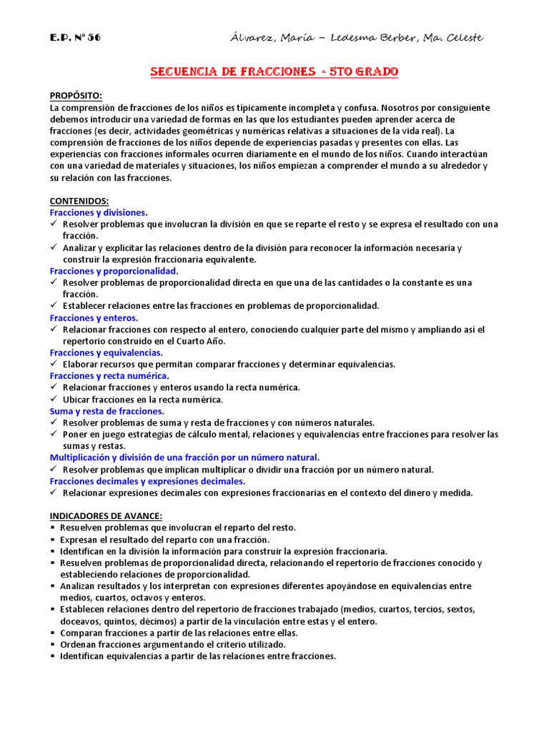 Secuencia Didáctica de Fracciones 5to Grado | PDF | Fracción ...