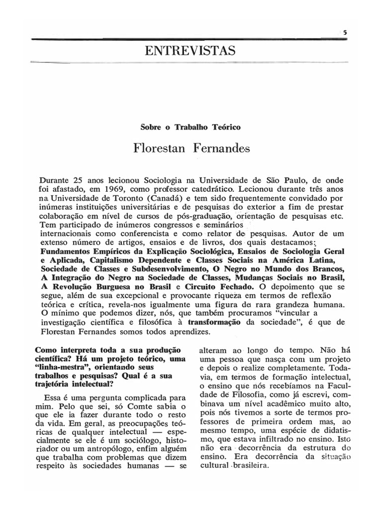 1975 - Sobre o Trabalho Teórico - Florestan Fernandes - Revista ...