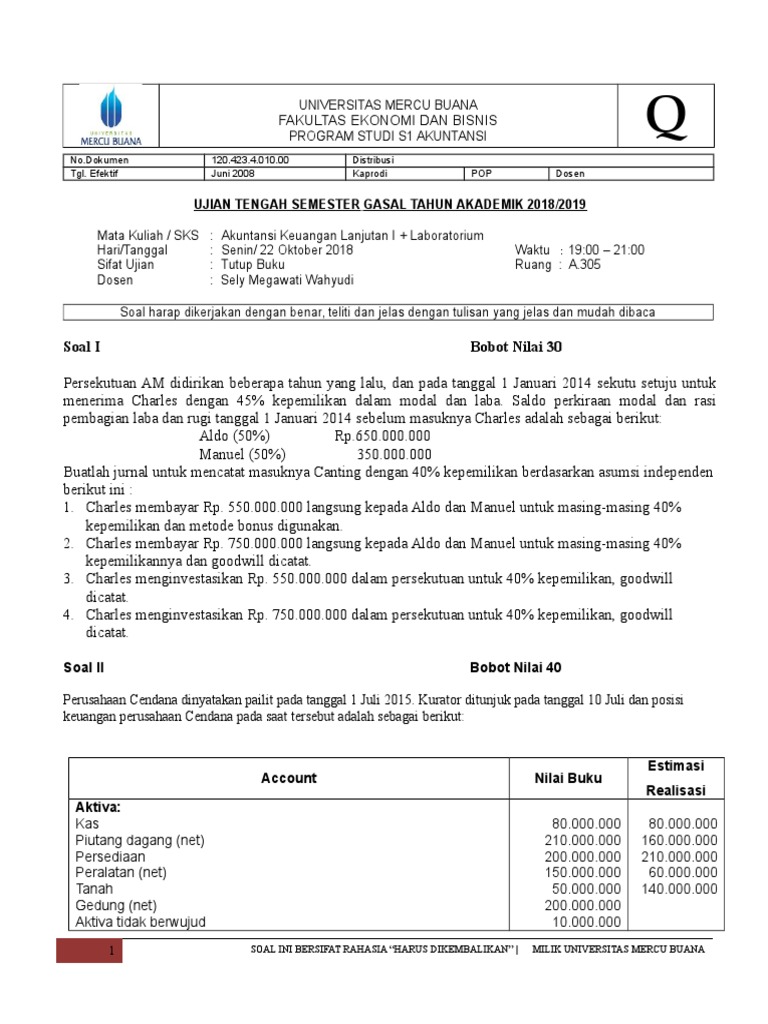 Soal Uts Akuntansi Keuangan Lanjutan I 221018 Pdf