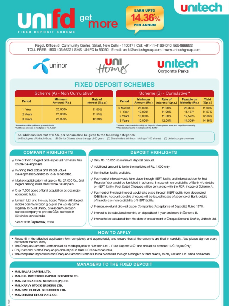 Unitech Fixed Deposit Application Form Cheque Banks Free 30day