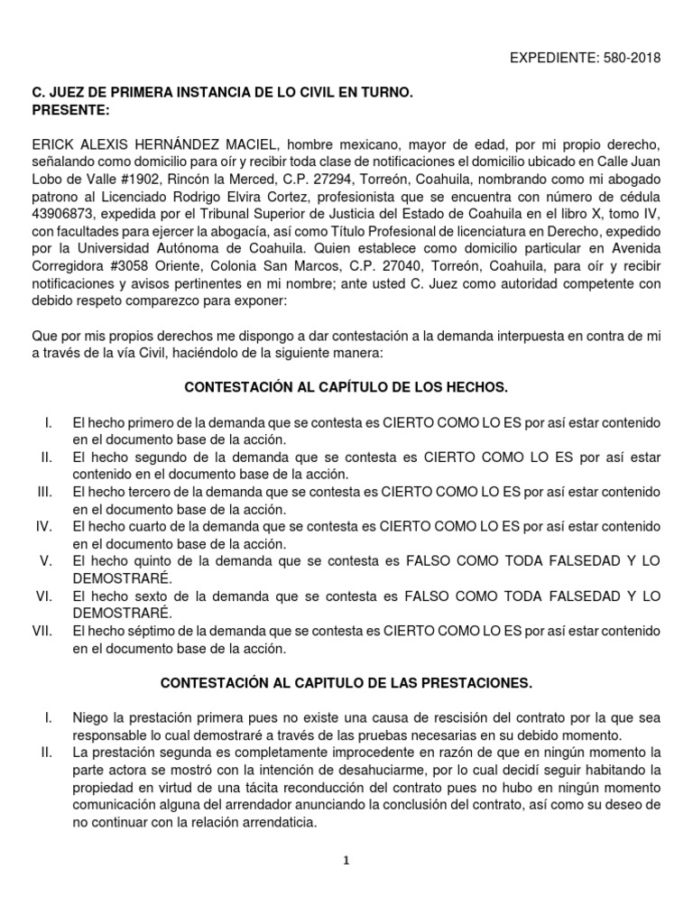 Contestacion Demanda Por Rescicion de Contrato