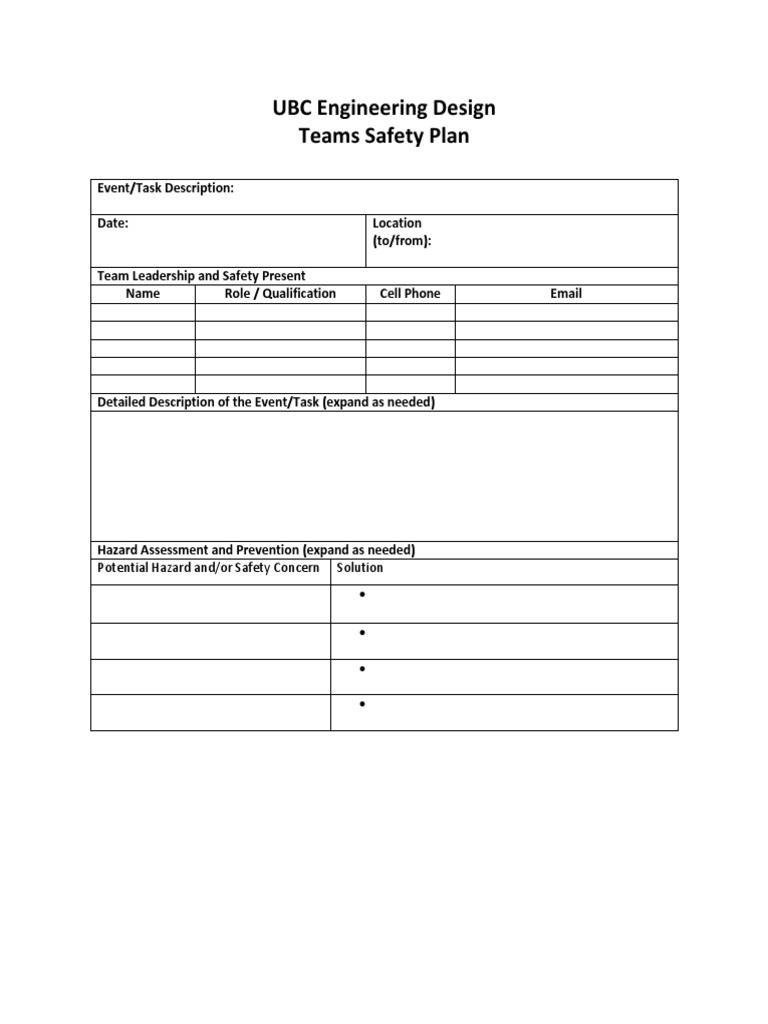 D1 UBC EDT Safety Plan Template | PDF